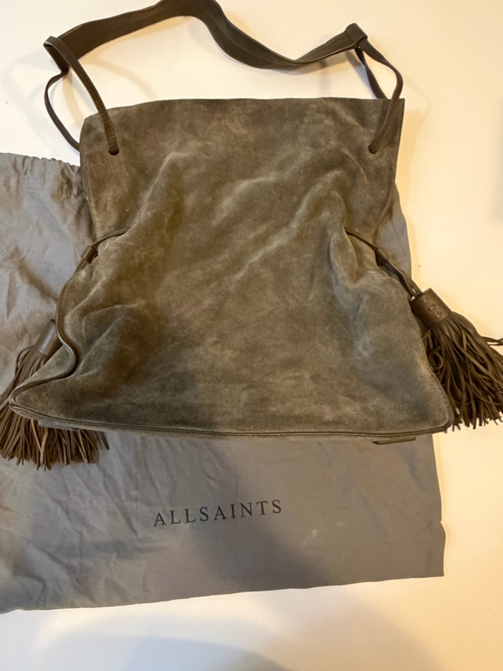 AllSaints Olive Suede Bag with Leather Poms